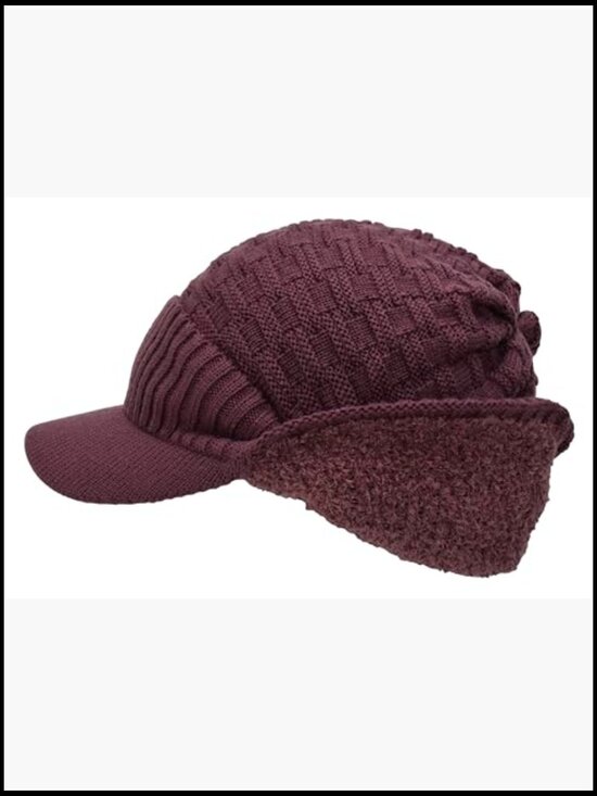 Fleece Lined Knit Hat with Visor Brim Stretchy Ribbed main image 4